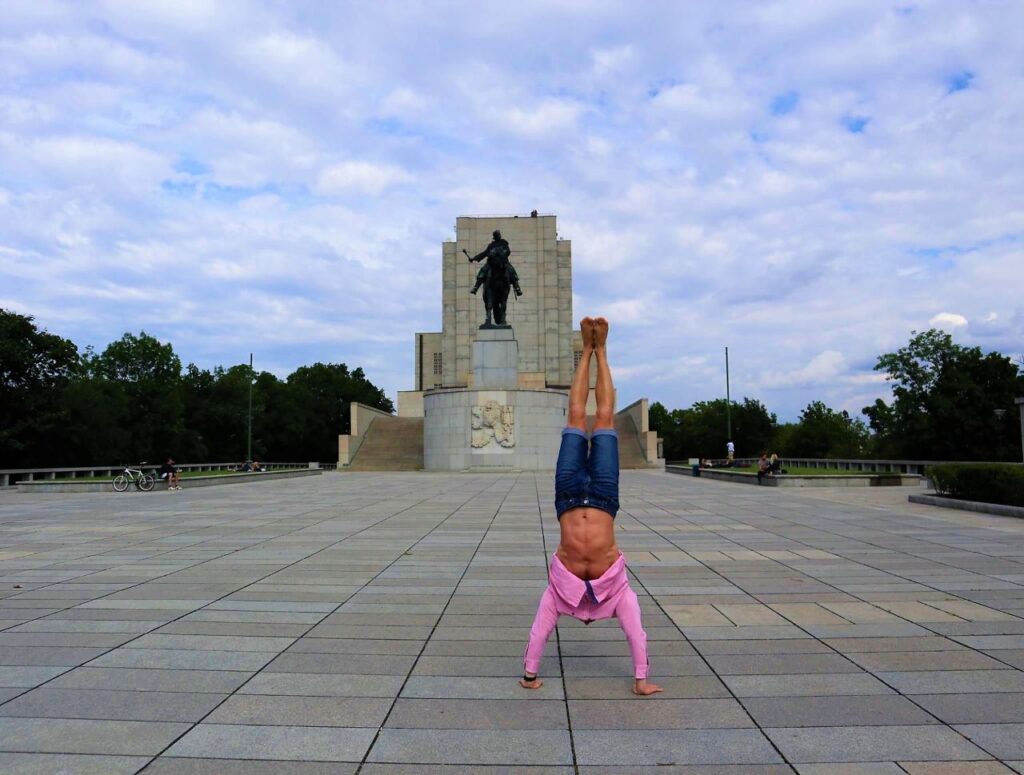 Handstand at Vítkov platform in Prague.